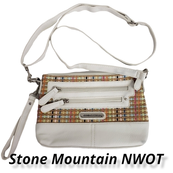 STONE Mountain NWOT Crossbody Wristlet Adjustable Strap White and Tan Woven - Picture 1 of 16